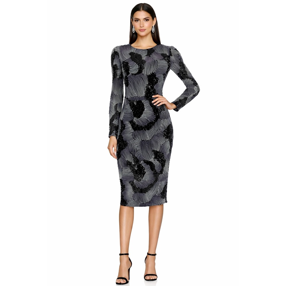 New! Dress the Population Long‎ Sleeve Sequin Midi Dress Gray Black Size Small